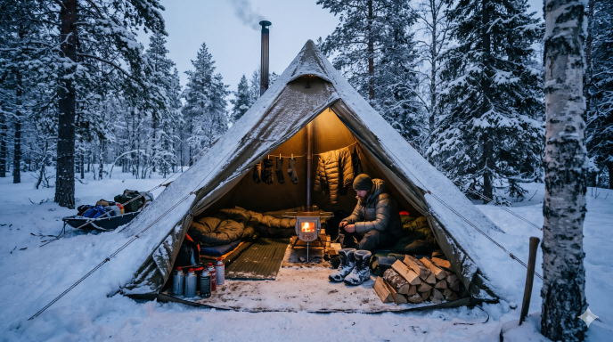 Winter hot tent in a snowy forest with stove heat and sleeping setup, showing how cold-weather shelter becomes survival infrastructure